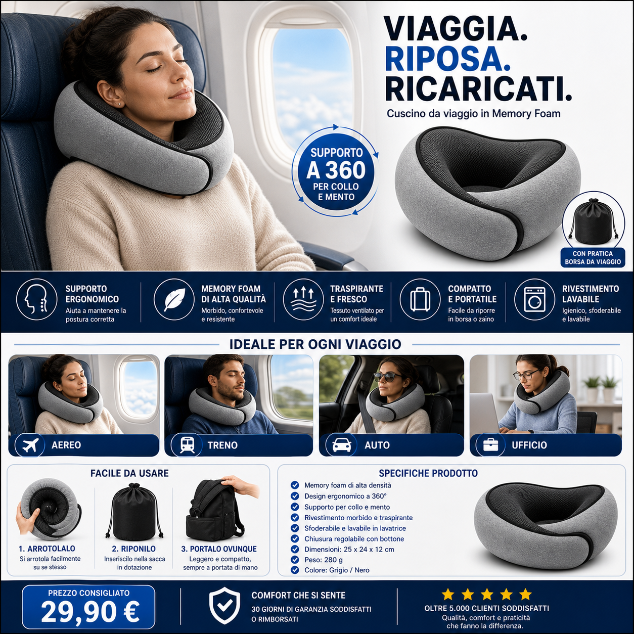 TravelRest™ AYCS cuscino da viaggio regolabile con fodera lavabile