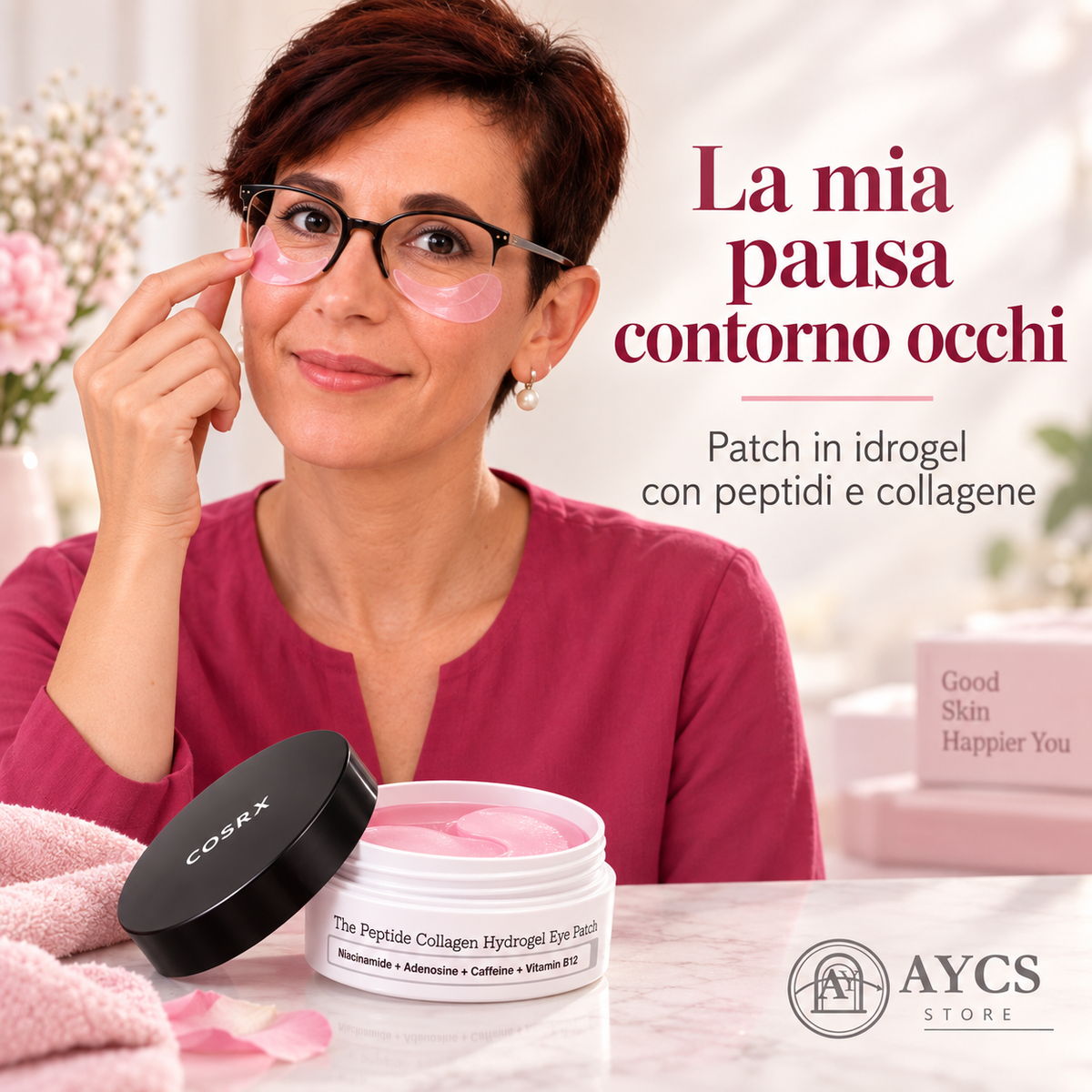 Donna con occhiali e patch occhi COSRX in idrogel rosa