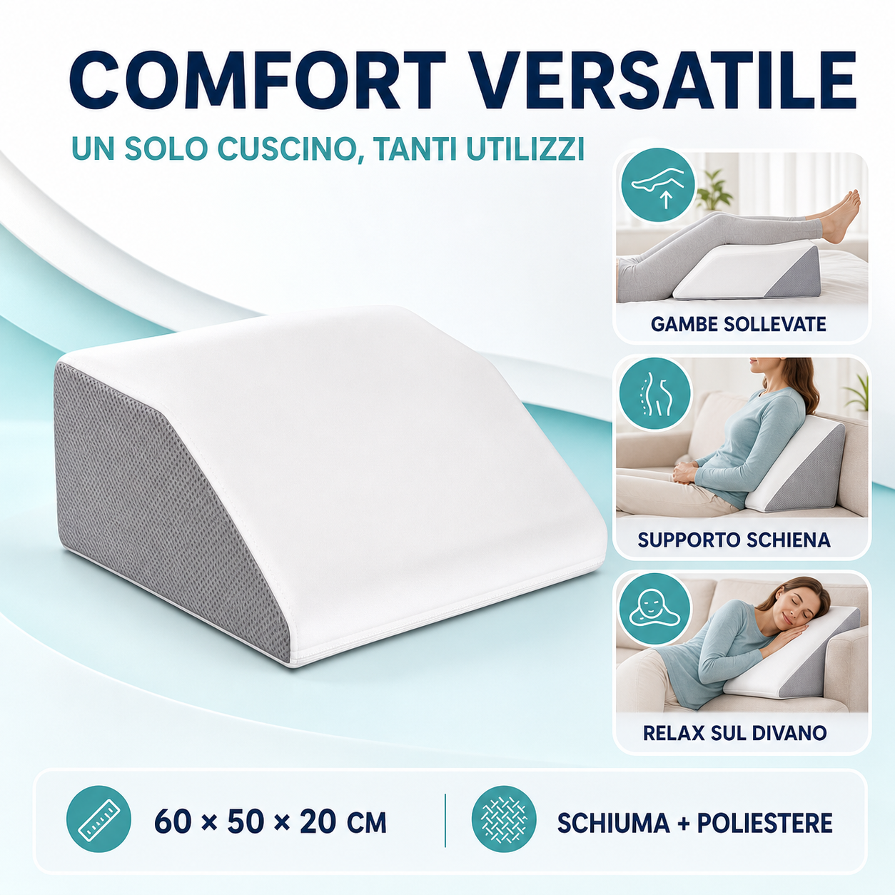 Cuscino cuneo multifunzionale per schiena, vita e ginocchia durante il riposo