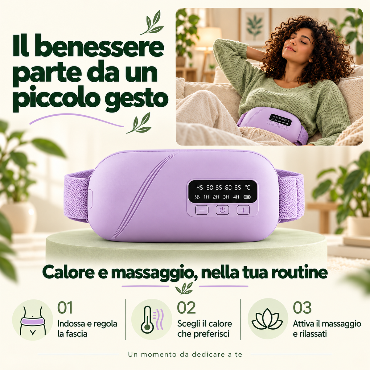 Dettaglio della cintura riscaldante lilla con display e pulsanti, con una donna che la indossa sul divano.