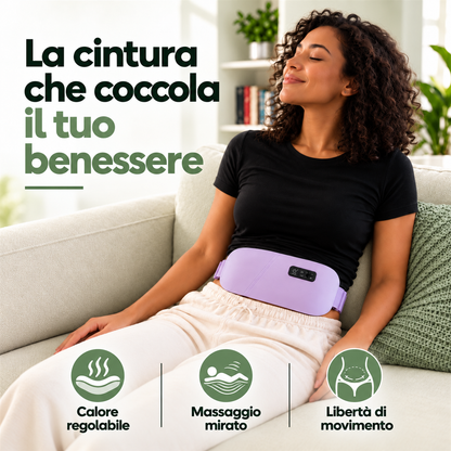 Guida in tre passi alla cintura riscaldante lilla: indossare la fascia, regolare calore e massaggio, rilassarsi.