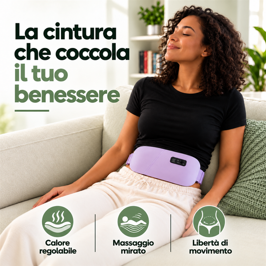 Guida in tre passi alla cintura riscaldante lilla: indossare la fascia, regolare calore e massaggio, rilassarsi.