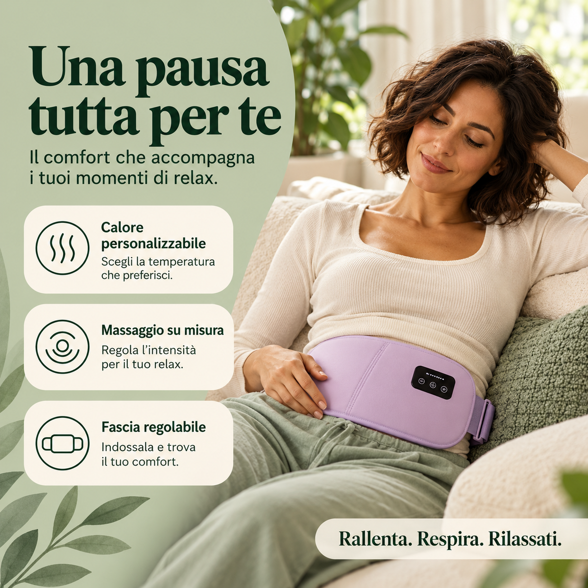 Donna seduta sul divano con cintura riscaldante con massaggio lilla indossata sulla zona addominale.