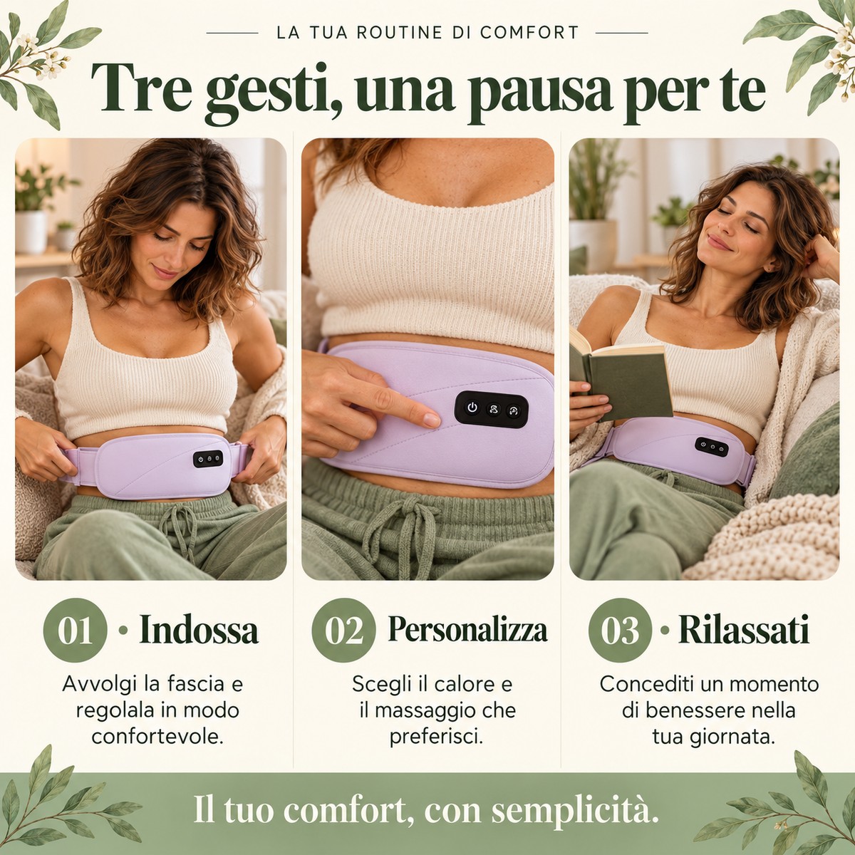 Donna sul divano con cintura riscaldante lilla; grafica su calore personalizzabile, massaggio e fascia regolabile.