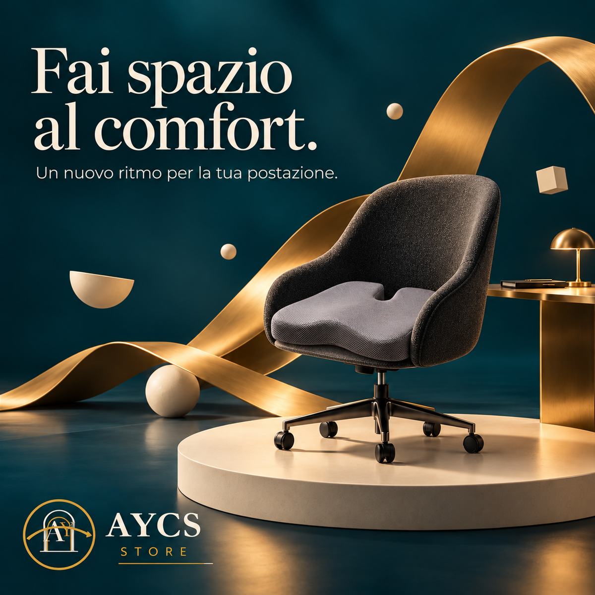 Cuscino CushionPro grigio con apertura a U, forma sagomata e rivestimento in tessuto, su grafica nera e oro.