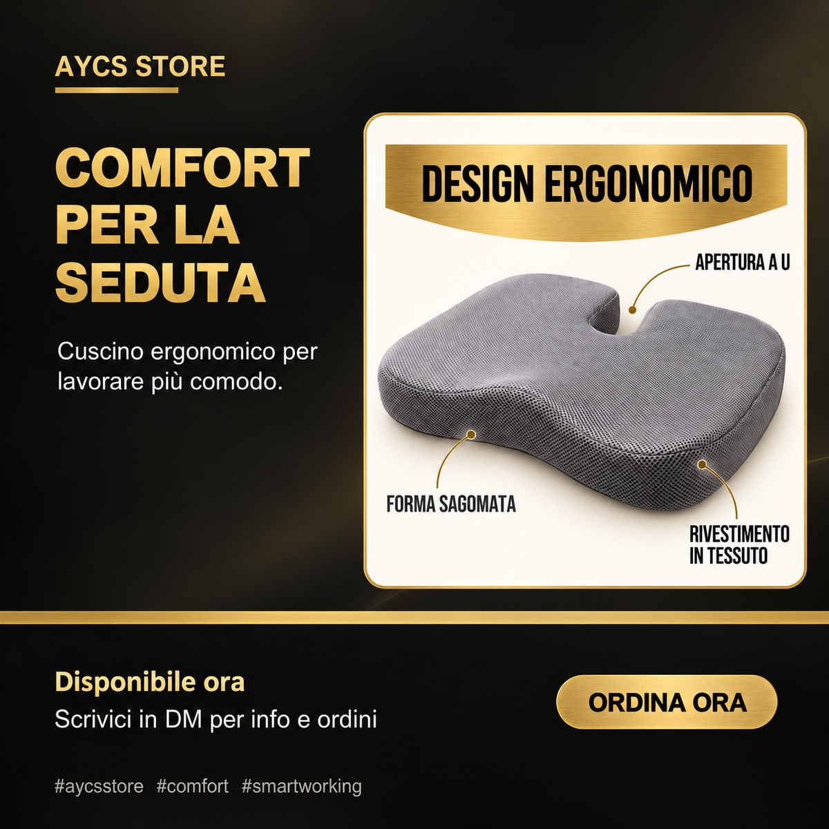 Dettaglio del cuscino CushionPro grigio con apertura a U, su un piedistallo rotondo nero e oro