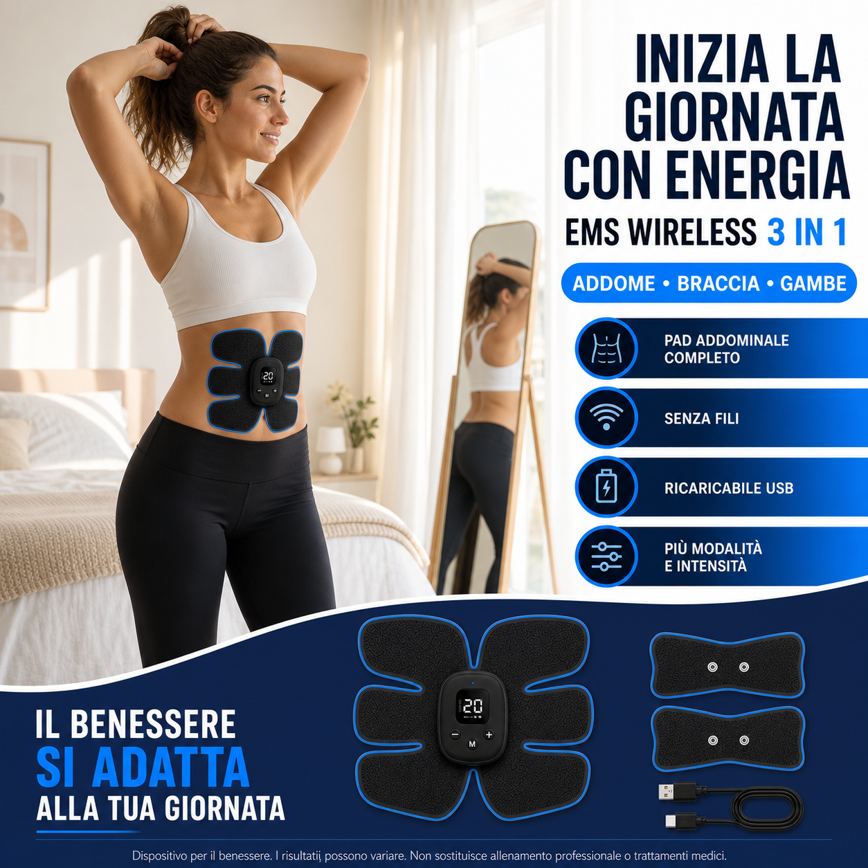 	Donna con pad addominale — "Inizia la giornata con energia", kit completo