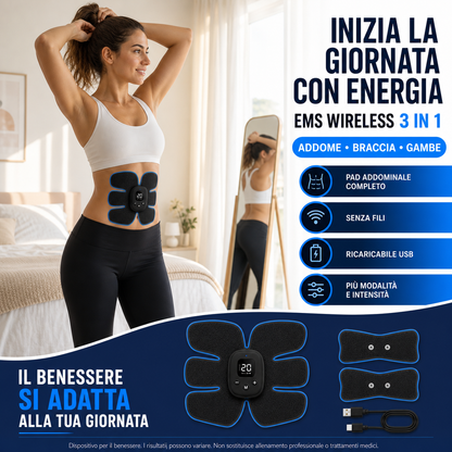 	Donna con pad addominale — "Inizia la giornata con energia", kit completo