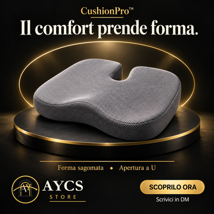 Cuscino sagomato CushionPro grigio su una base quadrata, con arco dorato sullo sfondo.