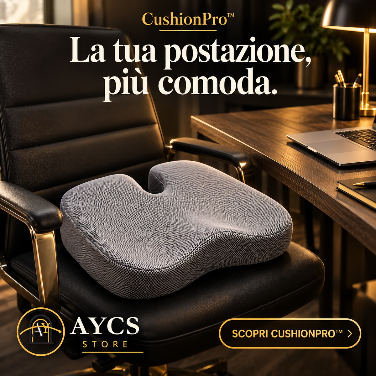 Donna seduta su CushionPro alla scrivania, con dettaglio della fodera aperta e dell’interno in memory foam.