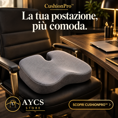 Donna seduta su CushionPro alla scrivania, con dettaglio della fodera aperta e dell’interno in memory foam.