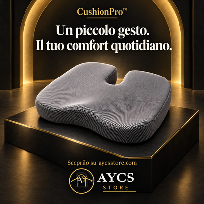 Cuscino CushionPro grigio su una poltrona da ufficio, con sfondo verde petrolio e decorazioni dorate.
