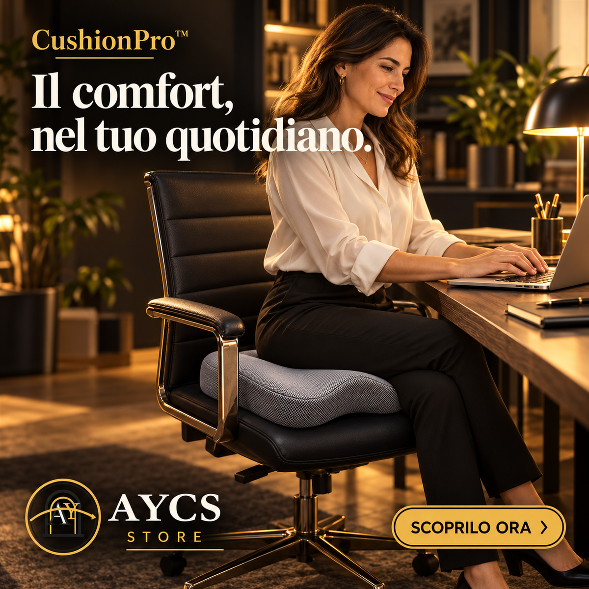 Donna al computer seduta sul cuscino CushionPro grigio, su una sedia da ufficio nera