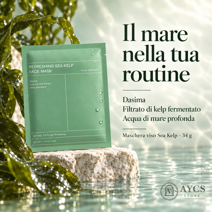 Confezione verde Biodance Sea Kelp Face Mask vicino all’acqua e alle foglie verdi