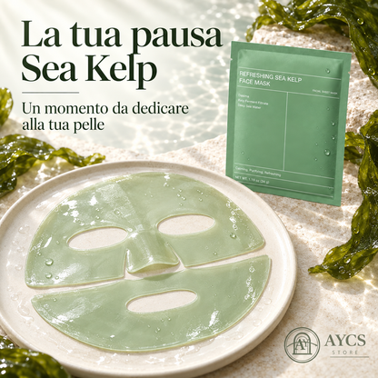 Maschera viso Biodance Sea Kelp in tessuto su un piatto con confezione verde accanto