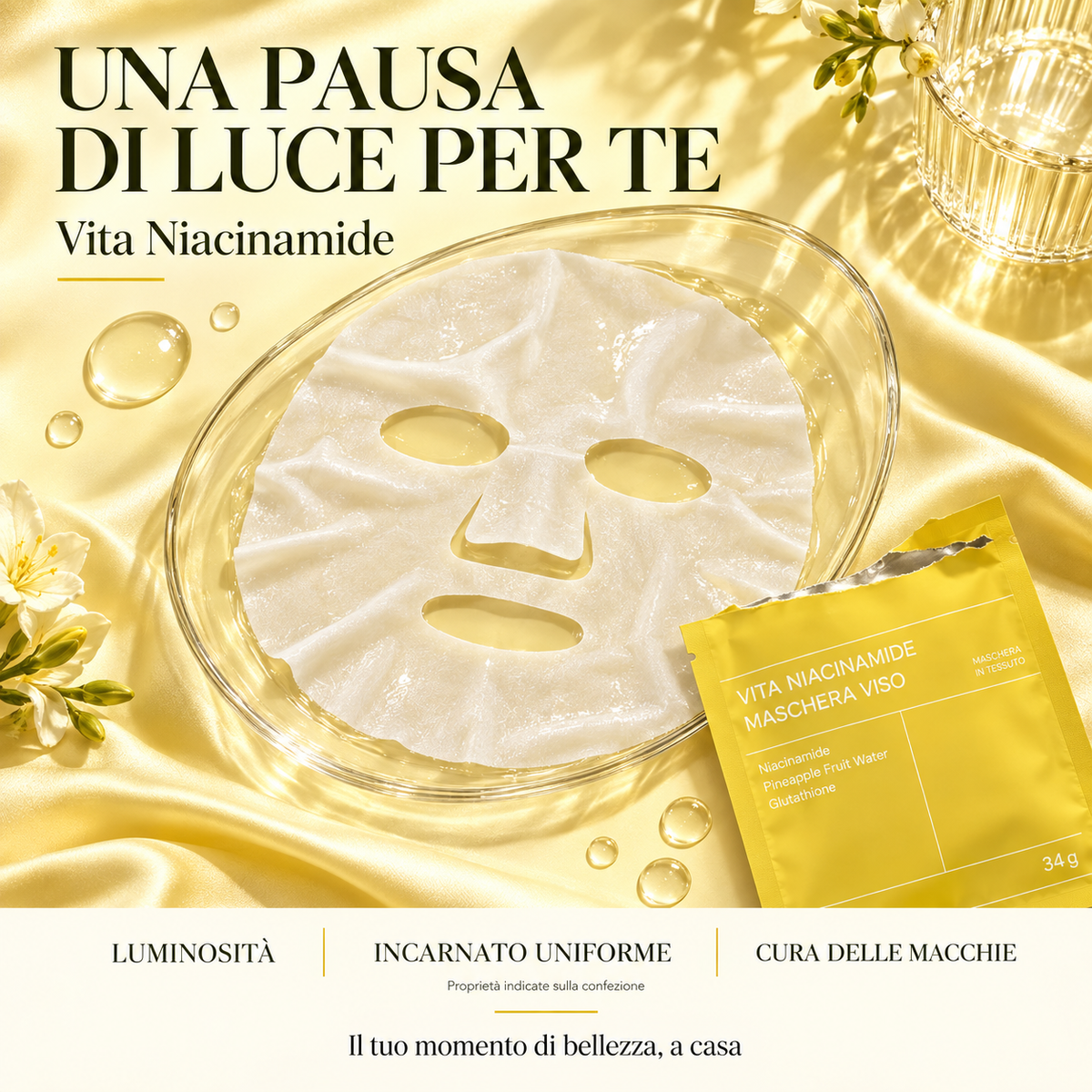 Confezione gialla Biodance Vita Niacinamide accanto a una maschera viso in tessuto