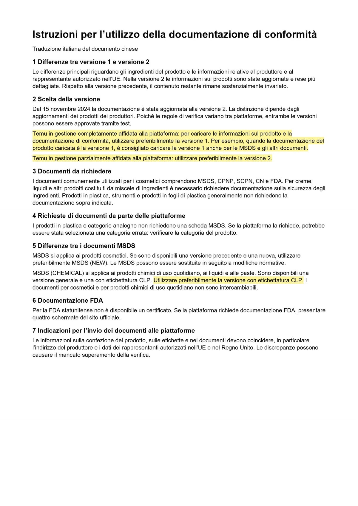 Pagina in italiano delle istruzioni per la documentazione di conformità COSRX