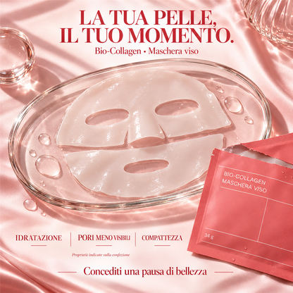 Maschera viso Biodance Bio-Collagen in tessuto su un piatto con confezione rosa
