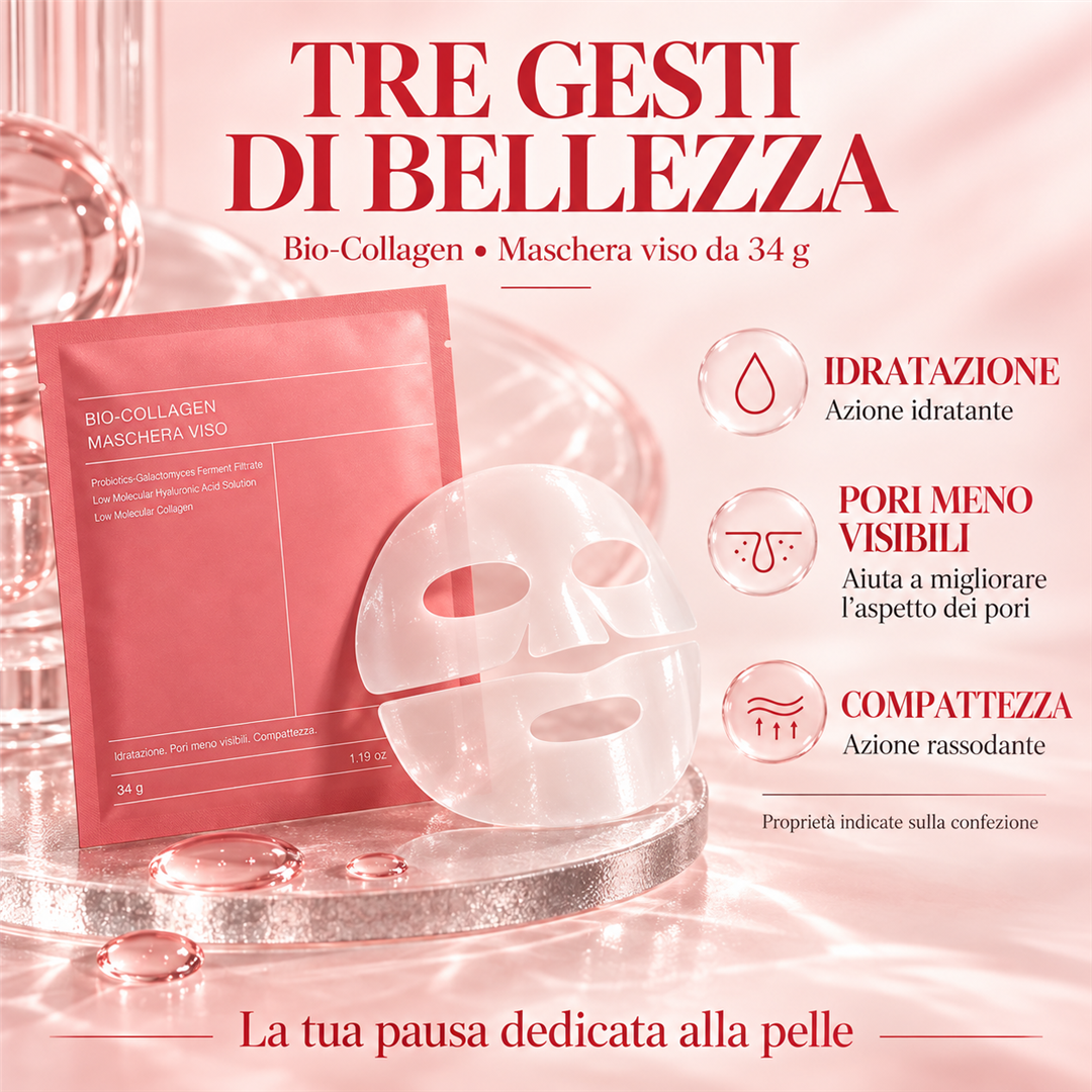 Confezione rosa Biodance Bio-Collagen e maschera viso in tessuto su una base trasparente