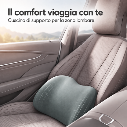 Cuscino lombare ergonomico grigio sul sedile guidatore – supporto posturale per lunghi viaggi in auto