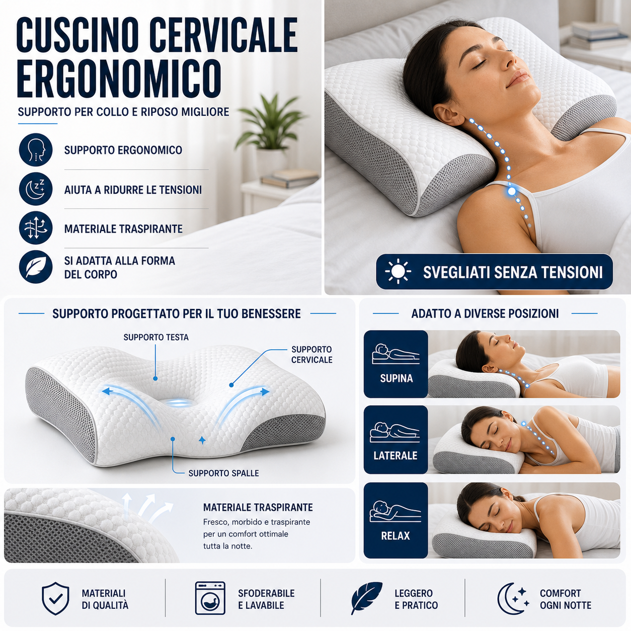 NeckCloud™ AYCS cuscino cervicale ergonomico memory foam per sonno rigenerante
