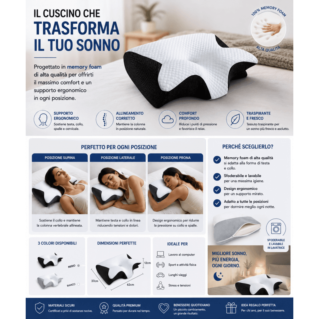 Cuscino Cervicale Ergonomico – Dormi meglio e svegliati senza tensioni al collo Cuscino per cervicale 0ibj8a-wi cuscino-cervicale-ergonomico-supporto-per-collo-e-riposo-migliore cervicale, cuscino, cuscino ergonomico, cuscino memory foam, cuscino ortopedico, cuscino per cervicale, dolore collo, maldicollo, promo, sonno migliore, supporto cervicale
