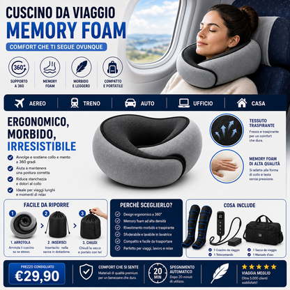 TravelRest™ AYCS cuscino viaggio memory foam per aereo treno e auto