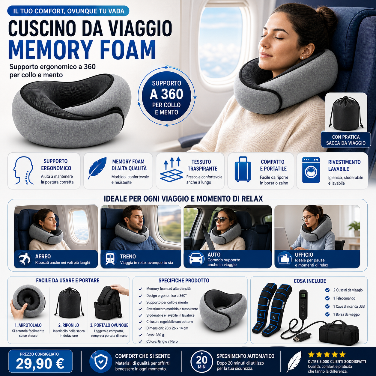 TravelRest™ AYCS supporto collo ergonomico per viaggi lunghi