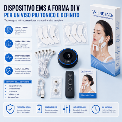 SkinLift Pro™ AYCS Store – V-Line Face, kit completo con contenuto confezione. Dispositivo EMS rotondo con display 19 e tasti +/M/-, telecomando nero, cavo USB, 2 set elettrodi a V (misura piccola e grande), manuale d'uso, scatola V-Line Face. 4 caratteristiche: effetto lifting, tonifica e rassoda, microcorrenti EMS delicate e non invasive, sicuro e delicato. 4 icone: tecnologia sicura, ricaricabile USB, livelli regolabili, uso quotidiano