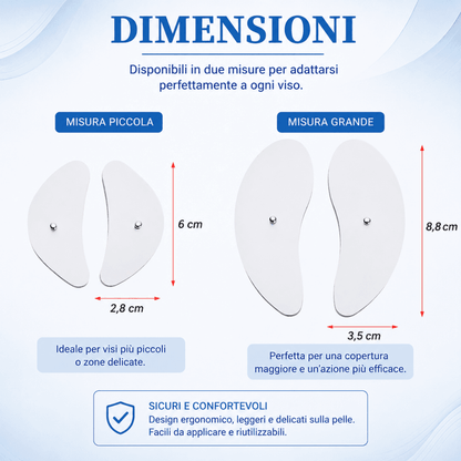 SkinLift Pro™ AYCS Store – Dimensioni pad disponibili in due misure. Misura piccola: 2,8 x 6 cm, ideale per visi più piccoli o zone delicate. Misura grande: 3,5 x 8,8 cm, per copertura maggiore e azione più efficace. Design ergonomico, leggeri e delicati sulla pelle, facili da applicare e riutilizzabili