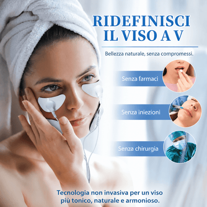 SkinLift Pro™ AYCS Store – Dispositivo EMS viso ricaricabile USB, routine beauty quotidiana. Controller EMS rotondo nero con display digitale e tasti touch, cavo USB, pad elettrodi a V. Kit compatto e portatile, ricaricabile USB, 19 livelli di intensità