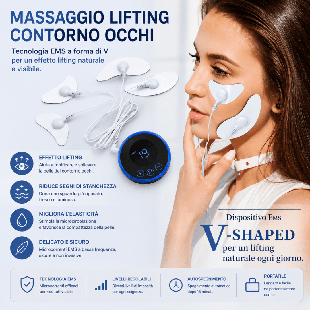 SkinLift Pro™ AYCS Store – Dispositivo EMS viso per pelle luminosa. Donna che applica i pad EMS bianchi sul viso davanti allo specchio. Pad a forma di V per guance e collo. Routine beauty semplice e veloce, tecnologia microcorrenti non invasiva