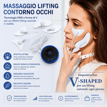 SkinLift Pro™ AYCS Store – Dispositivo EMS viso per pelle luminosa. Donna che applica i pad EMS bianchi sul viso davanti allo specchio. Pad a forma di V per guance e collo. Routine beauty semplice e veloce, tecnologia microcorrenti non invasiva