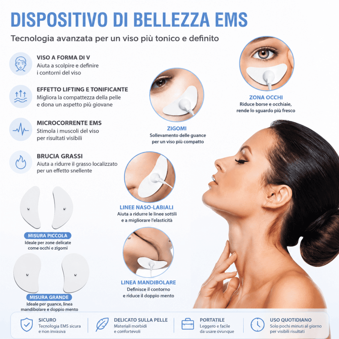SkinLift Pro™ AYCS Store – Trattamento EMS professionale per pelle tonica. Donna che usa il dispositivo EMS bianco sul viso, pad applicati su guance e collo. Routine beauty quotidiana a casa. Microcorrenti a bassa frequenza, tecnologia non invasiva, 10 minuti al giorno