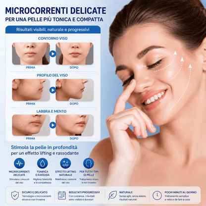 SkinLift Pro™ AYCS Store – Microcorrenti delicate per una pelle più tonica e compatta. Donna sorridente con frecce lifting sul viso. 3 confronti prima/dopo: contorno viso, profilo del viso, labbra e mento. 4 icone: microcorrenti delicate, tonifica e rassoda, effetto lifting naturale, per tutti i tipi di pelle. 4 benefit: sicuro e delicato, risultati progressivi con costanza, naturale senza aghi, pochi minuti al giorno