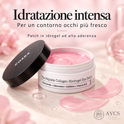 Barattolo aperto di patch occhi COSRX con un patch rosa accanto