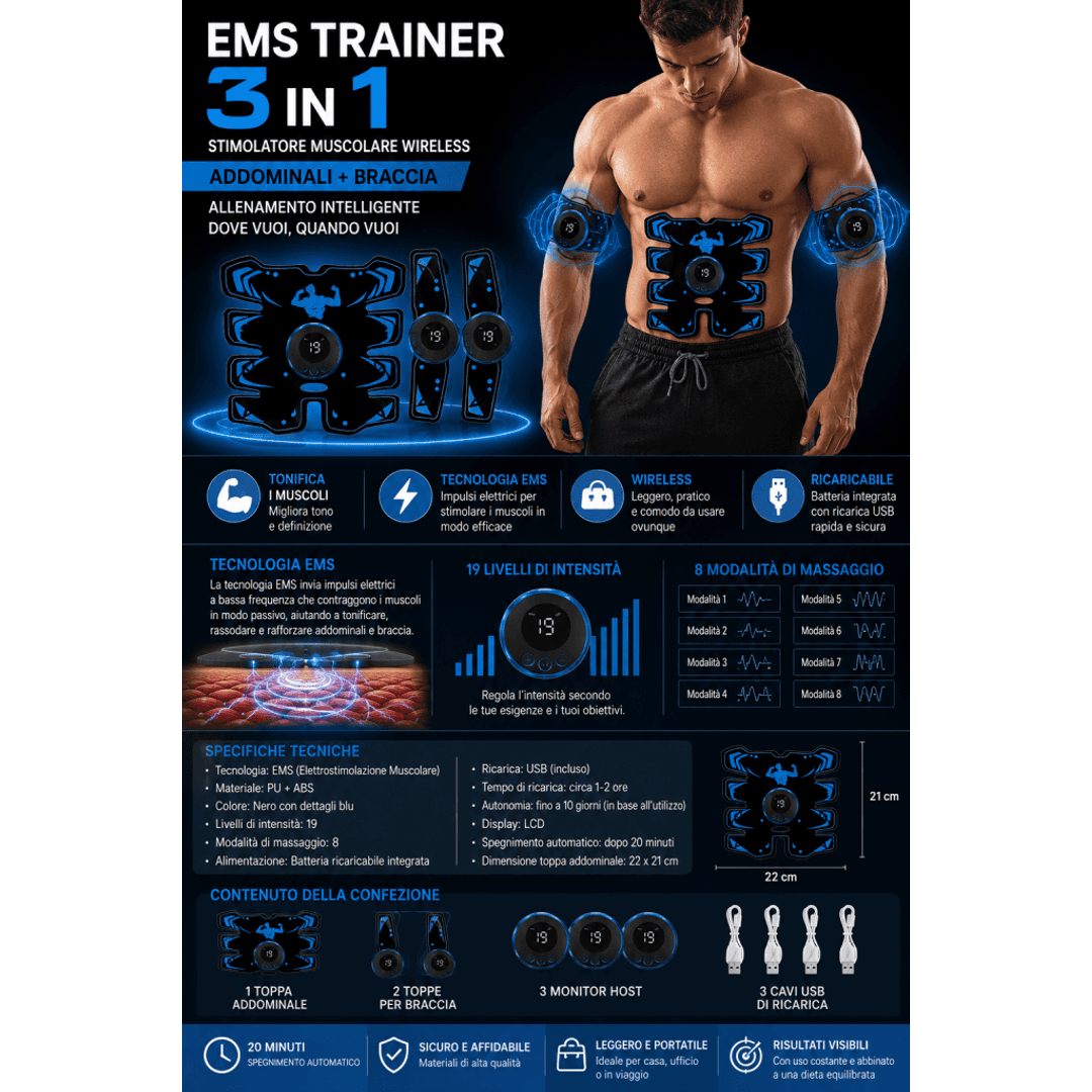 EMS Trainer Wireless 3 in 1 – Stimolatore Muscolare Ricaricabile USB 0ibj8a-wi ems-trainer-wireless-3-in-1-stimolatore-muscolare-ricaricabile-usb allenamento EMS, elettrostimolatore ricaricabile, stimolatore muscolare EMS, tonificazione muscolare casa, trainer addominale wireless