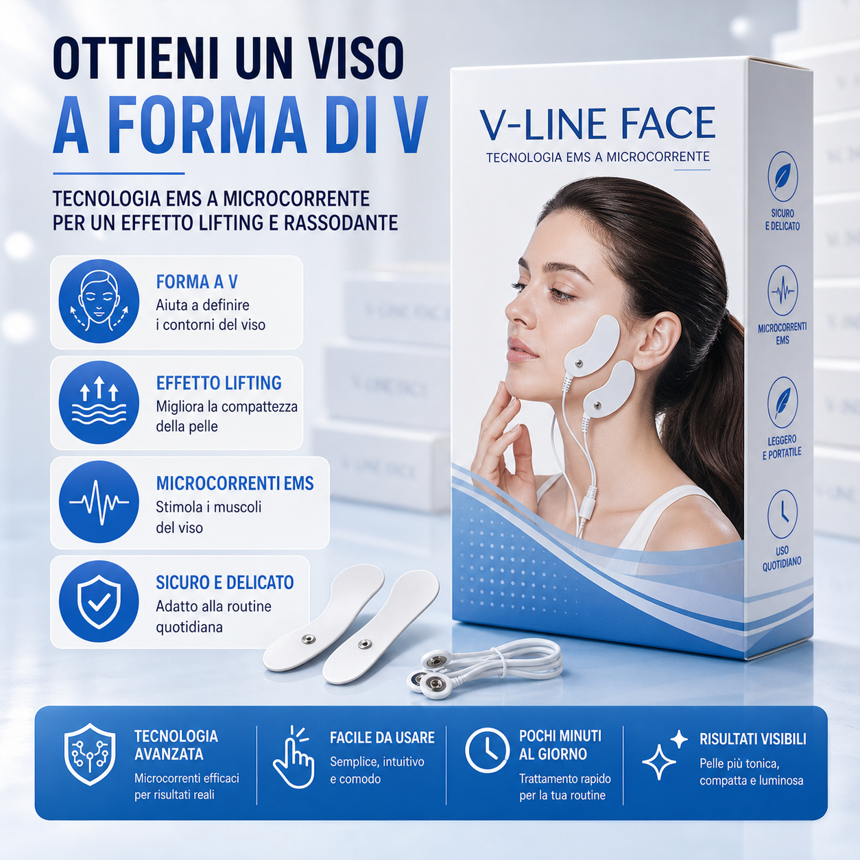 SkinLift Pro™ AYCS Store – V-Line Face packaging e specifiche. Scatola V-Line Face con donna che usa i pad EMS su guance e collo. Pad elettrodi a V e cavo USB in primo piano. 4 caratteristiche: forma a V, effetto lifting, microcorrenti EMS, sicuro e delicato. 4 icone: tecnologia avanzata, facile da usare, pochi minuti al giorno, risultati visibili
