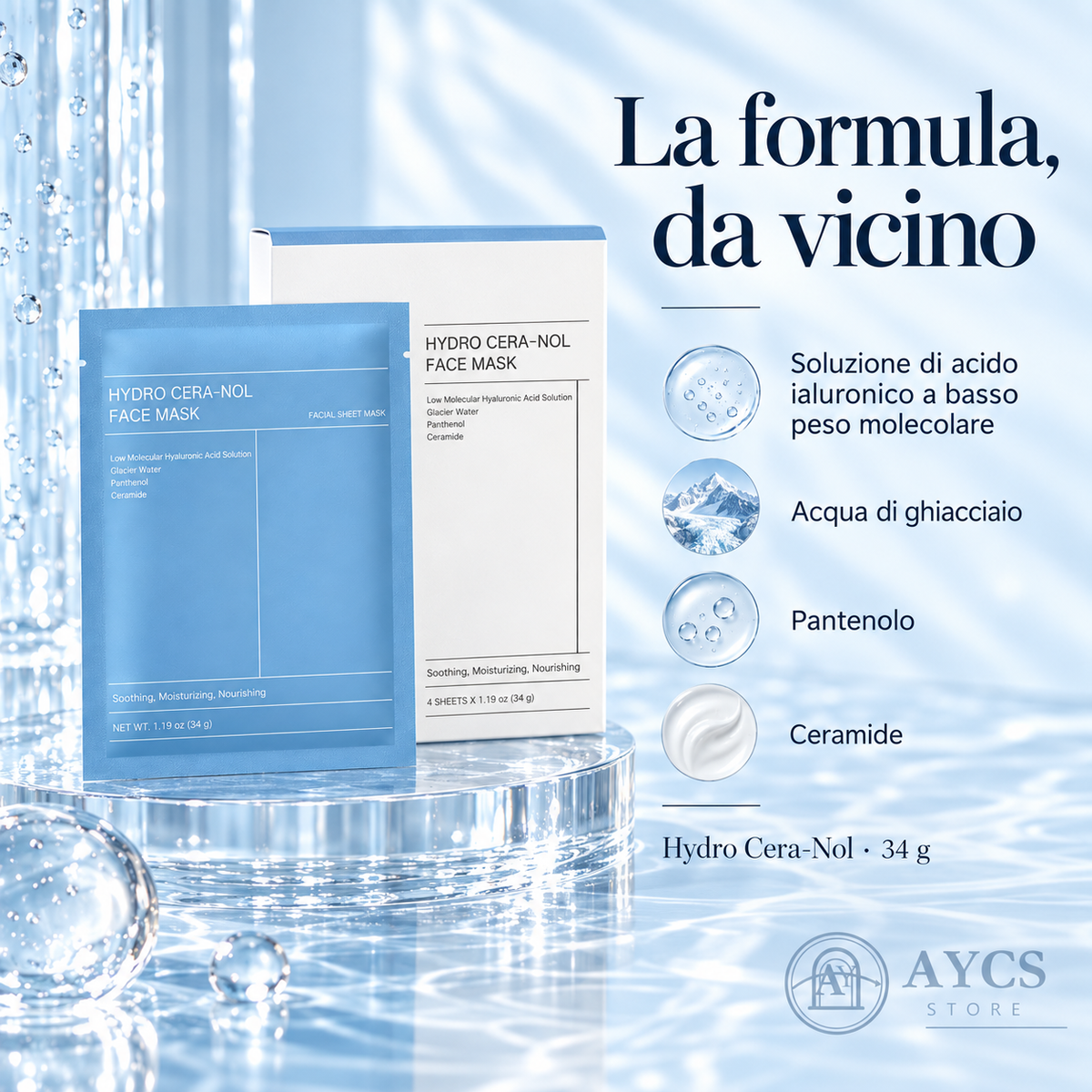 Confezione e scatola Biodance Hydro Cera-Nol Face Mask su una superficie d’acqua, con ingredienti indicati a lato
