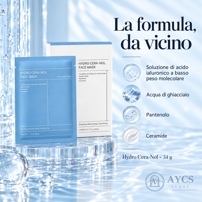 Confezione e scatola Biodance Hydro Cera-Nol Face Mask su una superficie d’acqua, con ingredienti indicati a lato
