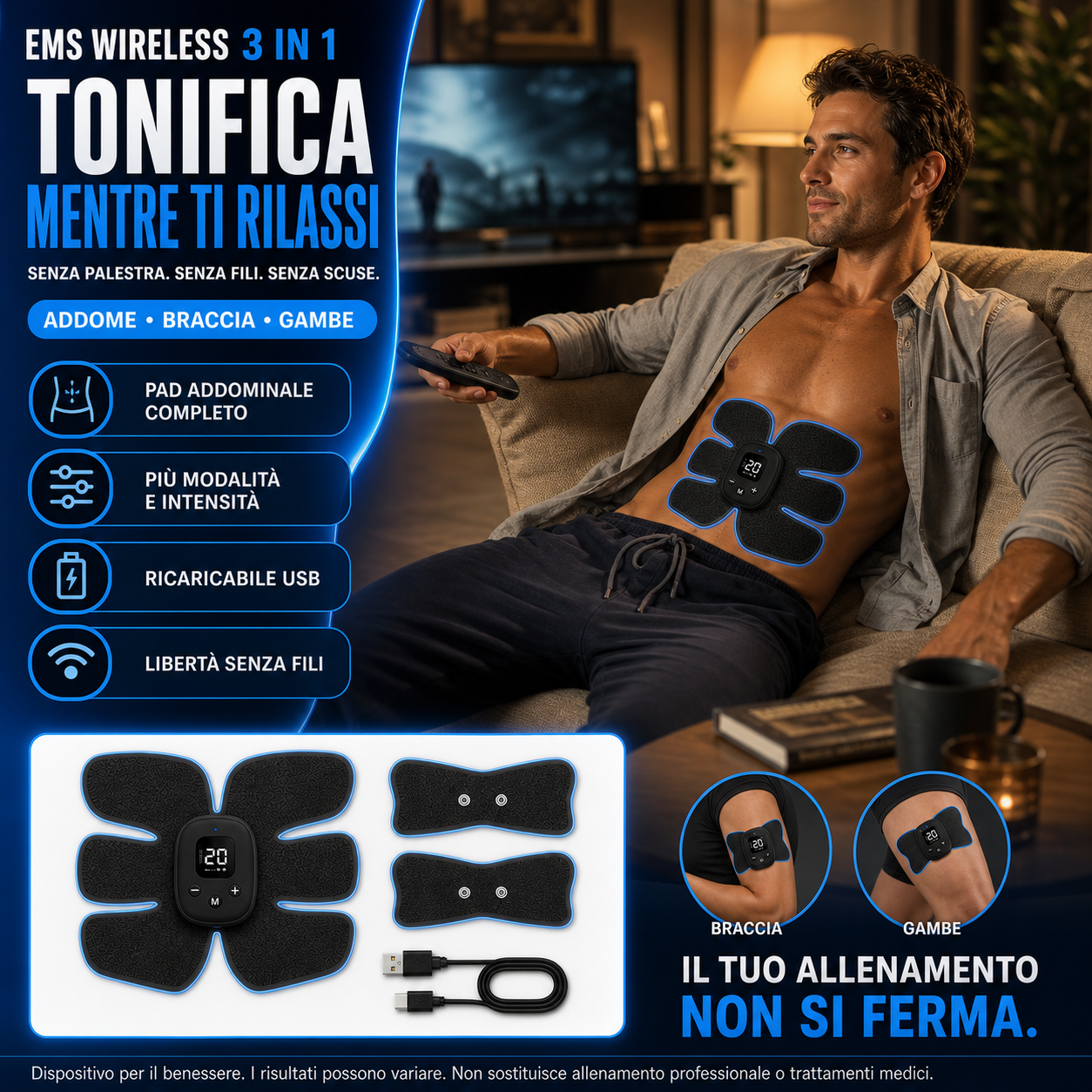 Uomo sul divano con pad addominale — "Tonifica mentre ti rilassi", 3 in 1