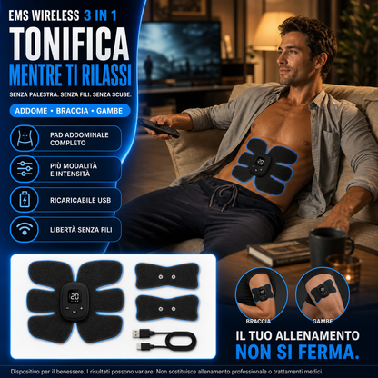Uomo sul divano con pad addominale — "Tonifica mentre ti rilassi", 3 in 1