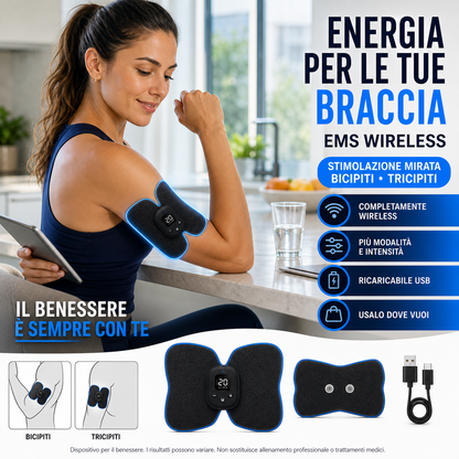 Donna con pad braccia (bicipiti/tricipiti) — "Energia per le tue braccia"