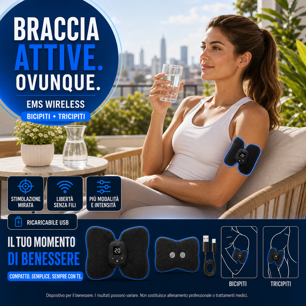 Donna in terrazza con pad braccia — "Braccia attive ovunque"