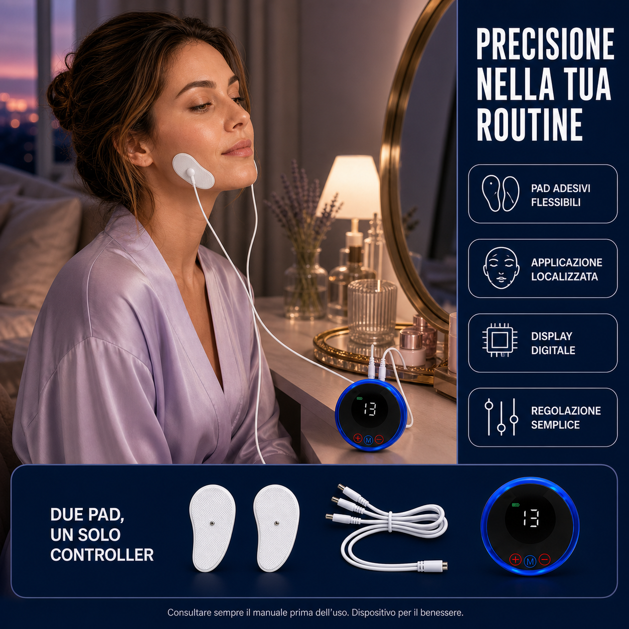 FaceZen EMS™ AYCS Store – Precisione nella tua routine. Donna con pad adesivo sul collo davanti allo specchio. Pad flessibili, applicazione localizzata, display digitale