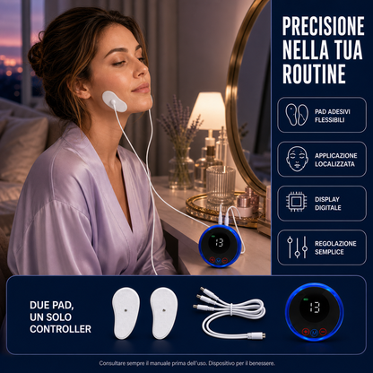 FaceZen EMS™ AYCS Store – Precisione nella tua routine. Donna con pad adesivo sul collo davanti allo specchio. Pad flessibili, applicazione localizzata, display digitale