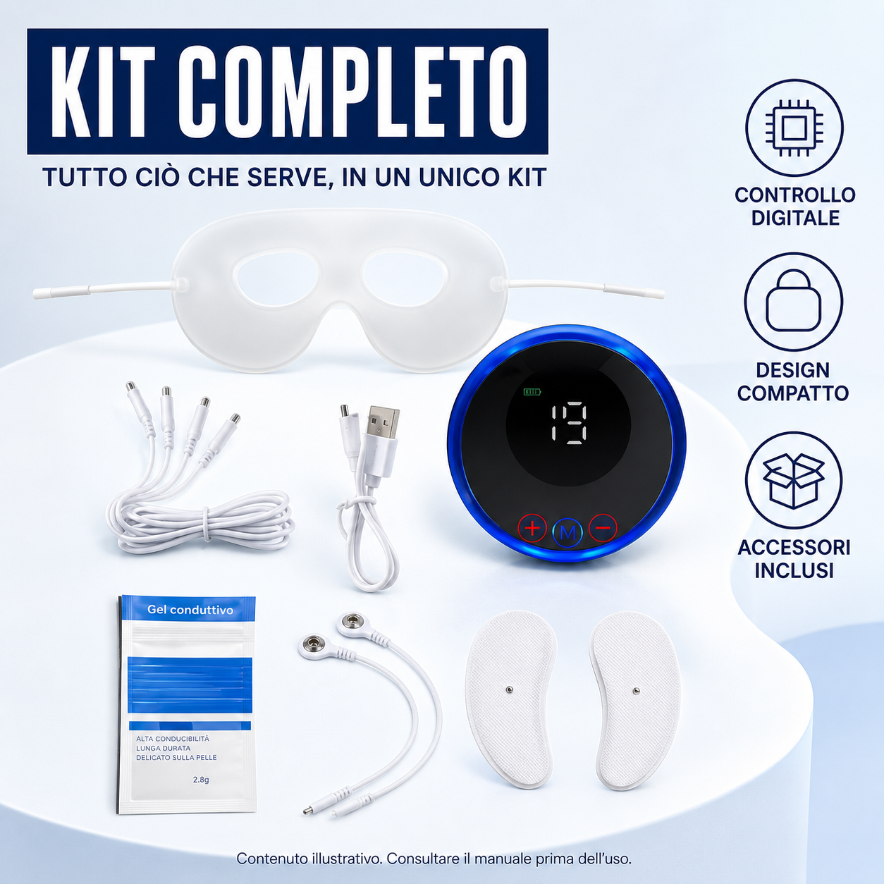 FaceZen EMS™ AYCS Store – Kit completo. Controller EMS rotondo blu con display digitale e 19 livelli, maschera EMS per occhi bianca, 2 pad adesivi, cavi multipli, cavo USB, gel conduttivo 2.8g