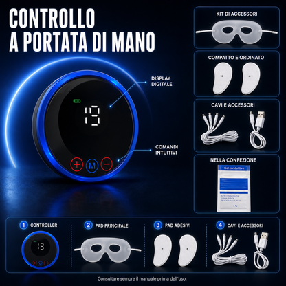 FaceZen EMS™ AYCS Store – Controllo a portata di mano. Controller EMS blu con display digitale e comandi intuitivi (+, M, -). Intensità regolabile, design compatto e ordinato