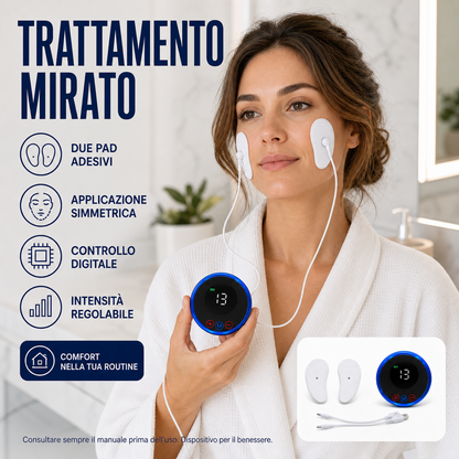FaceZen EMS™ AYCS Store – Trattamento mirato. Donna con 2 pad adesivi sulle guance e controller EMS blu. Applicazione simmetrica su viso e collo, intensità regolabile