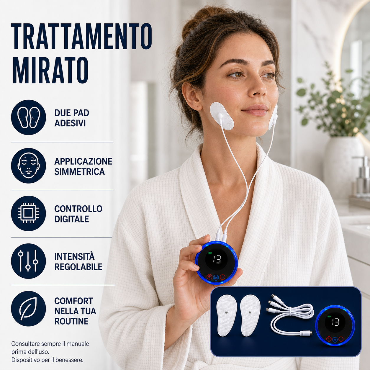 FaceZen EMS™ AYCS Store – Trattamento mirato. Donna in accappatoio bianco con 2 pad su guancia e collo, controller EMS blu. Due pad adesivi, applicazione simmetrica, intensità regolabile	